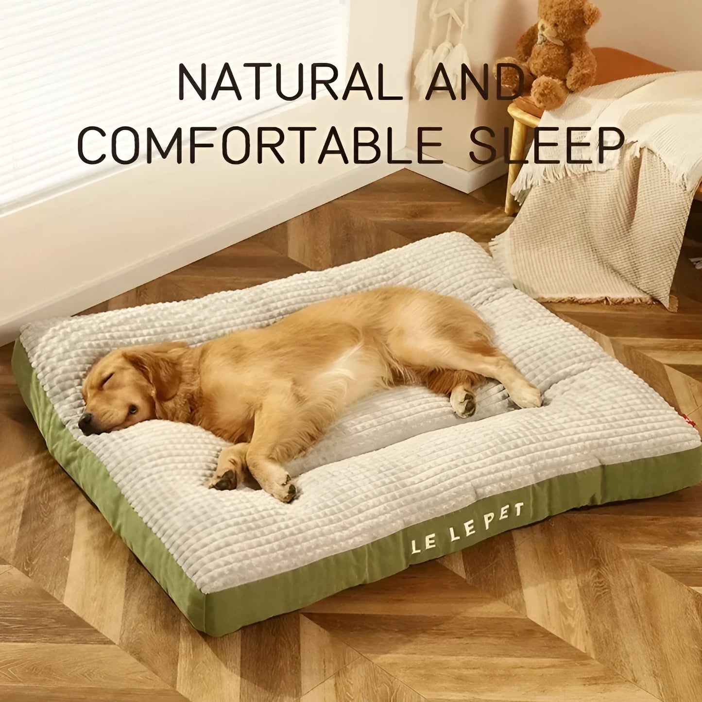 Soft fleece dog bed with a detachable mat cushion in green colour for a large dog