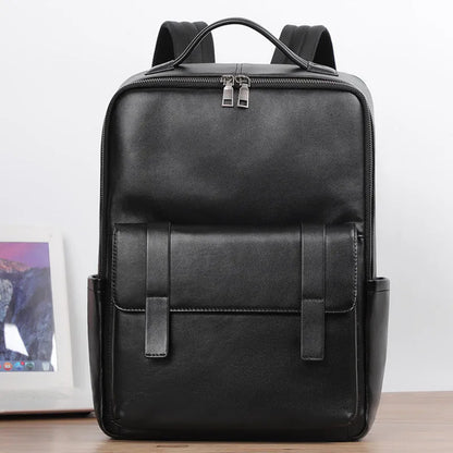 Men's large capacity leather computer backpack with curved back plate in black grain finish