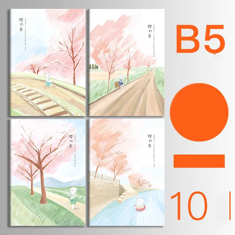 Pack of ten A5 kraft paper thread-bound notebooks with artistic cover designs lying flat.
