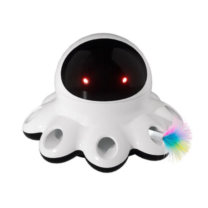 Automatic electric cat teaser toy with colourful feather attachment on a plastic base