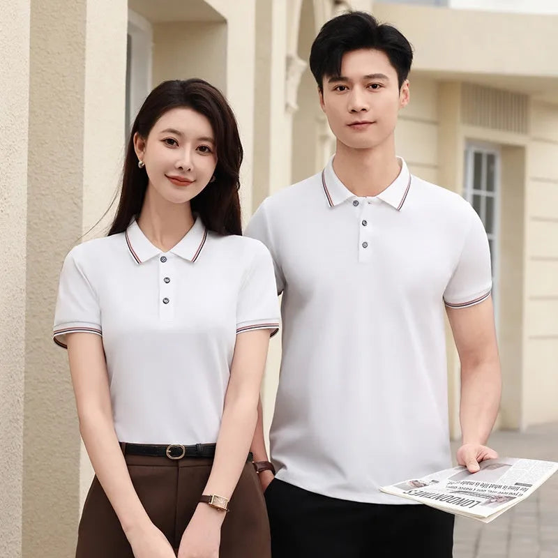 Solid colour Ice Silk polo shirt for work and casual wear in various colours on a hanger.