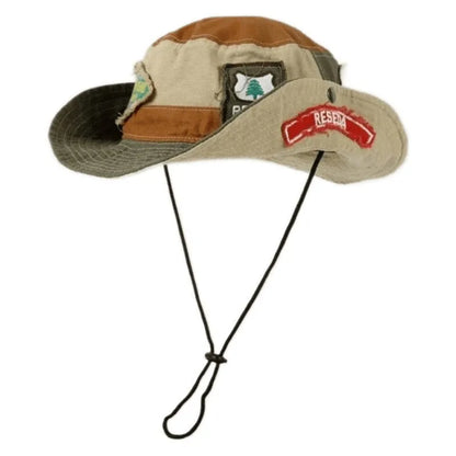 Army Green women's fisherman hat with flat top crown and retro patchwork design