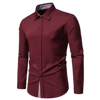 Men's loose plaid stitching casual long-sleeved shirt in black, white or wine red colours