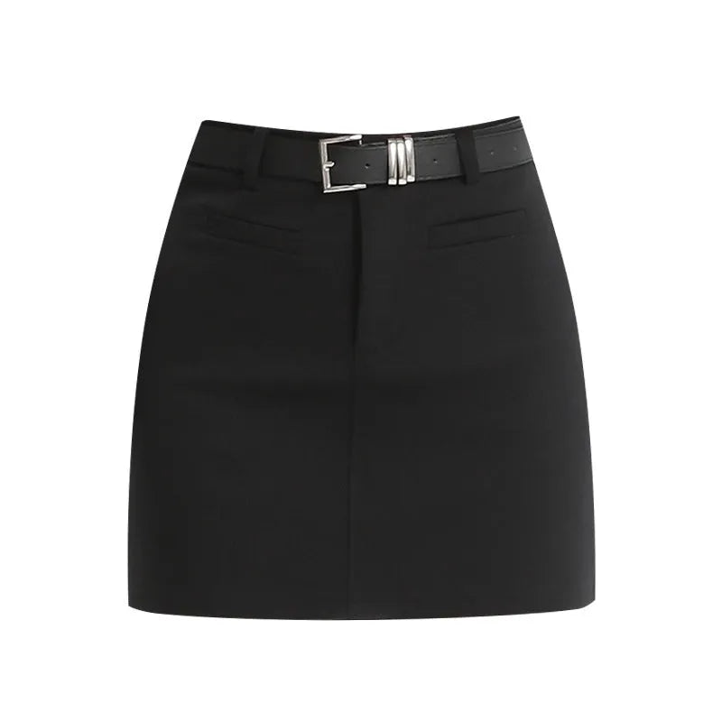 High waist A-line short skirt with front zipper in grey or black, polyester micro-elastic fabric, sizes XS to 3XL.