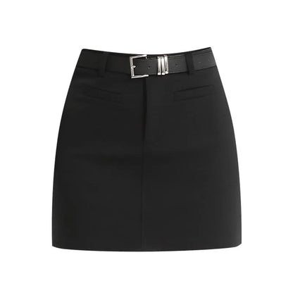 High waist A-line short skirt with front zipper in grey or black, polyester micro-elastic fabric, sizes XS to 3XL.