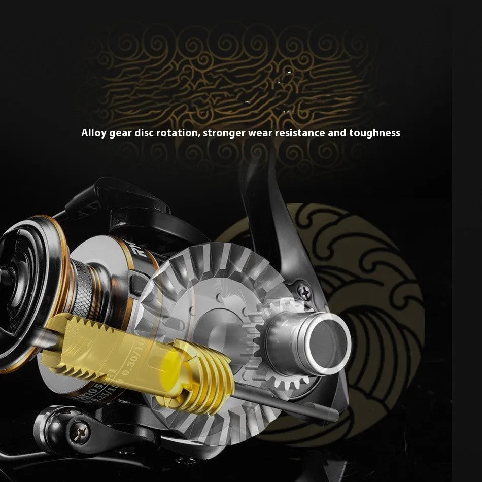 Spinning fishing reel with metal body, no-gap spool design, and black EVA grip handle.
