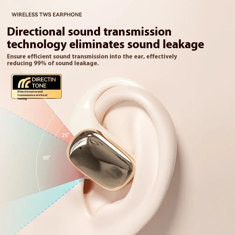 Ear-mounted wireless headphones with digital display screen on ear piece.
