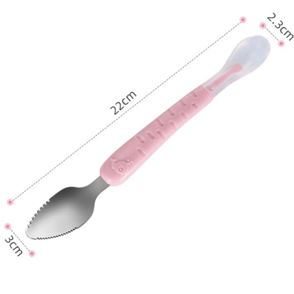 Stainless steel dual-headed baby food spoon in various colours for easy feeding