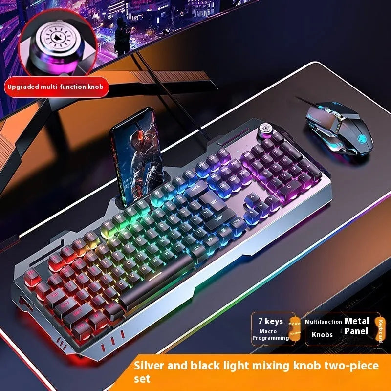 Aluminium alloy mechanical gaming keyboard with rainbow lighting, shown with a macro mouse and gaming headset.