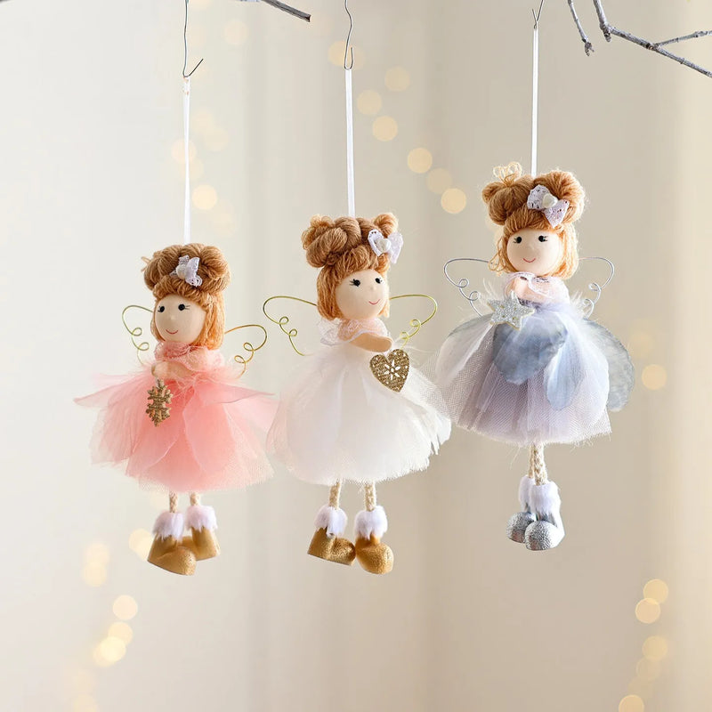 Christmas tree mesh angel girl hanging ornament pendant with snowflake design in white colour made from metal, plastic and cloth materials for festive seasonal decoration.