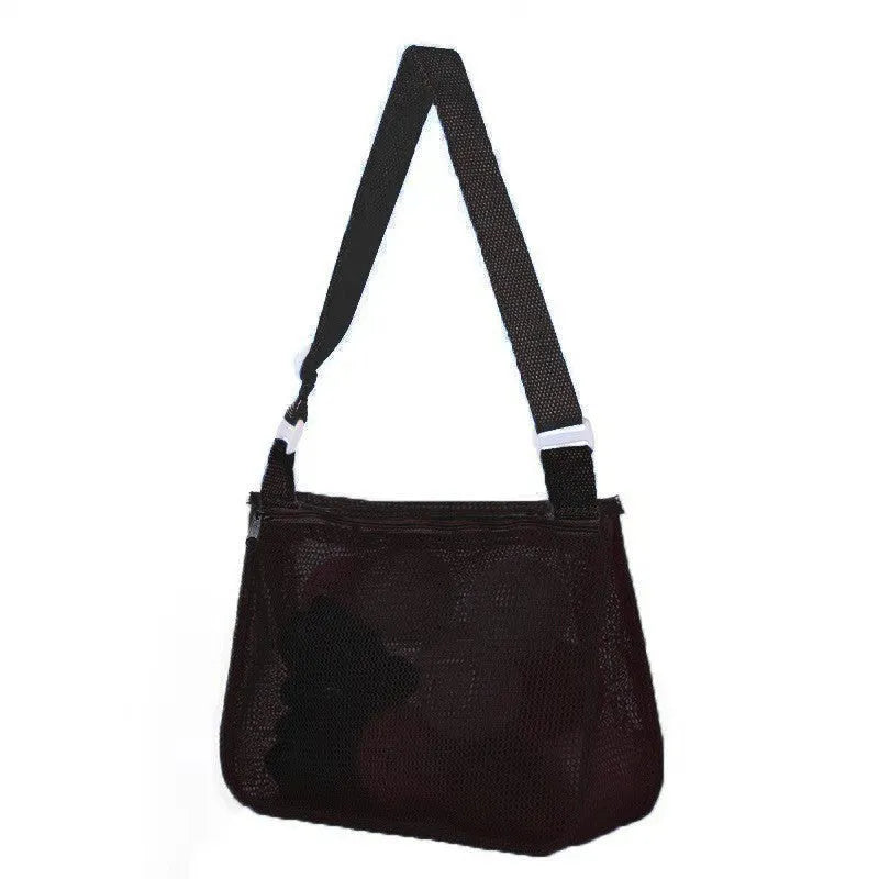 Blue children's drawstring travel storage bag made of nylon mesh for organising toys and clothes.