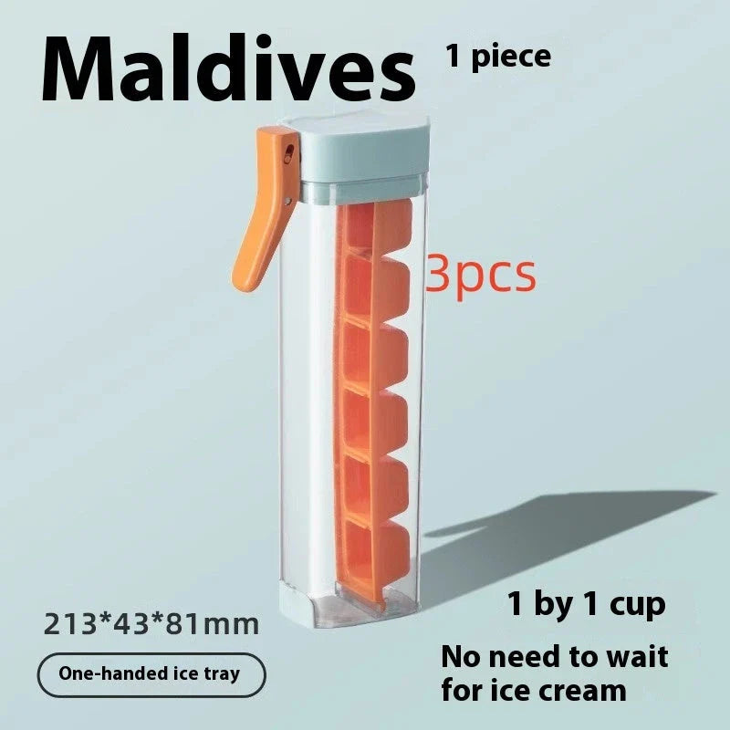 Premium one-touch ice cube tray in Maldives color and pearl white, with features like food-grade materials, easy ice cube release, and convenient storage box