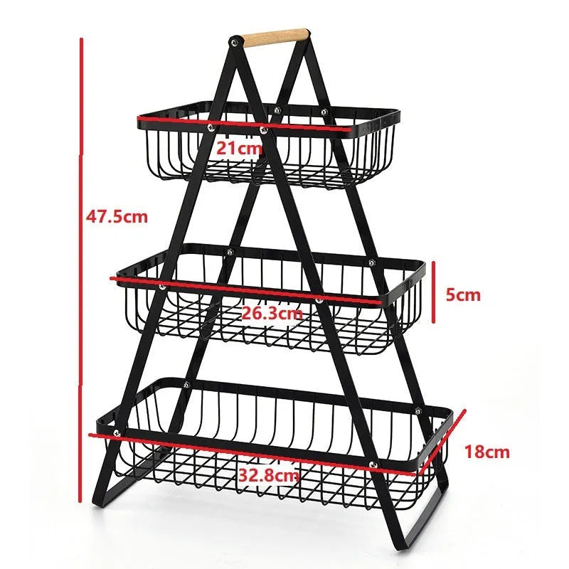 Black iron double-layer fruit basket with a wooden handle, shown detached and assembled.