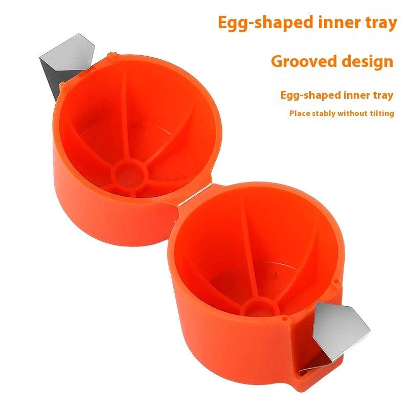 Premium egg cracker and separator made of stainless steel and plastic, available in various colors, used for effortless egg preparation in the kitchen