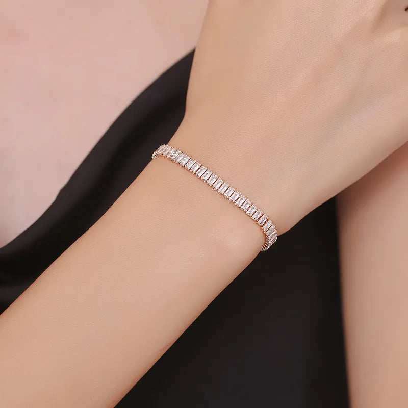 Women's rectangular geometric brass bracelet with full diamond zircon inlay in champagne gold colour