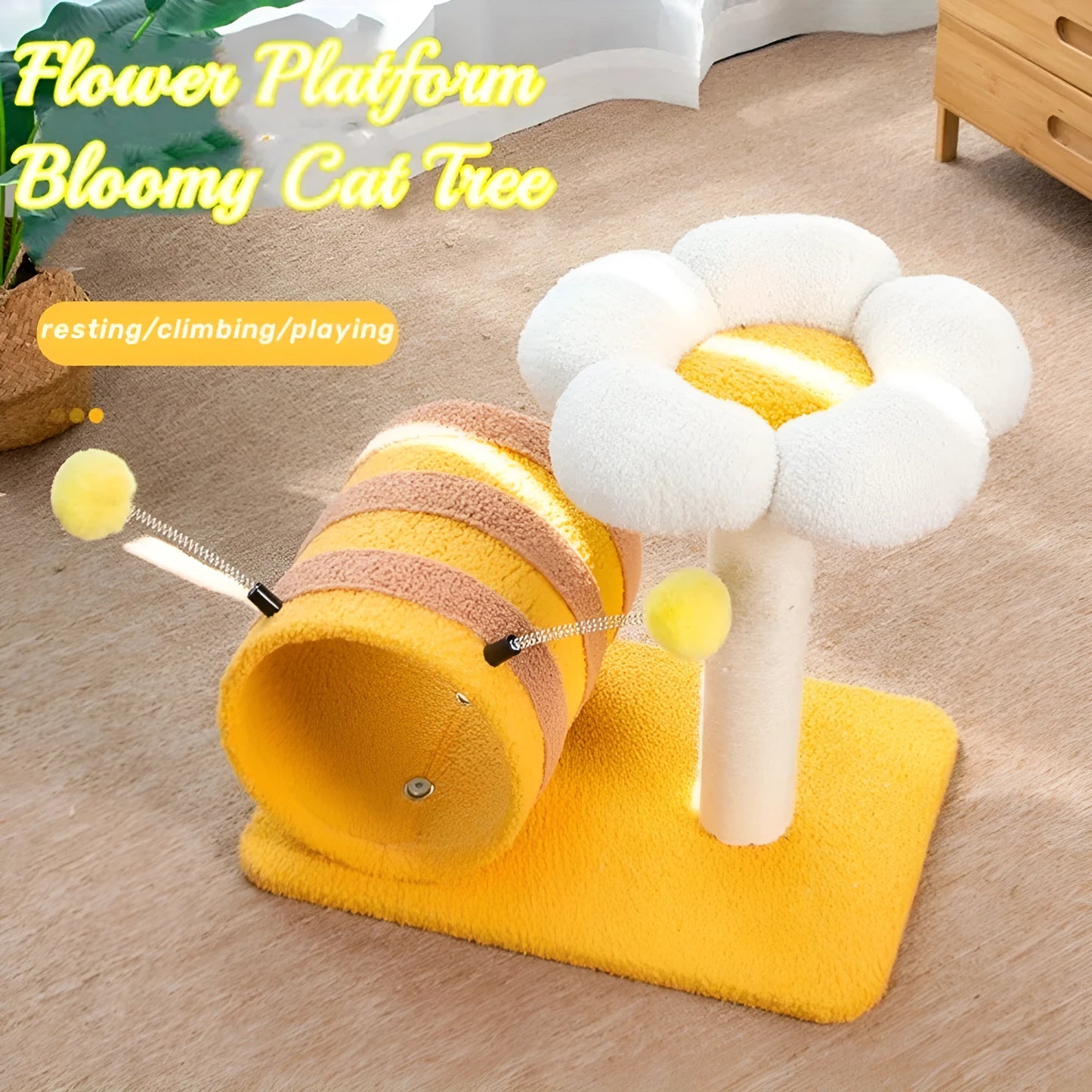 Yellow cat scratching post with sisal scratching board, climbing frame and integrated tunnel