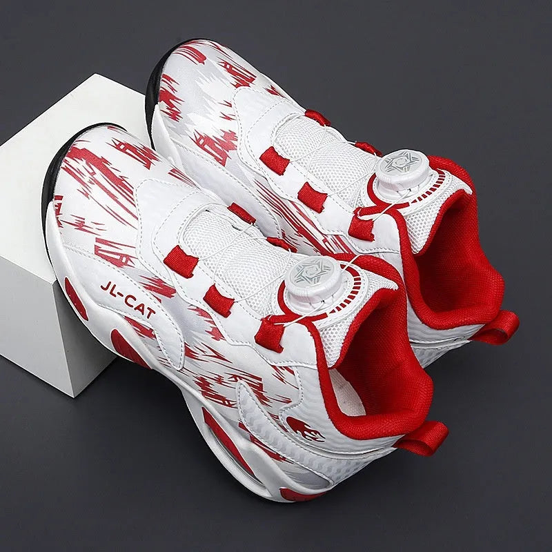 Cushion basketball running shoes with rotating button closure in black synthetic leather