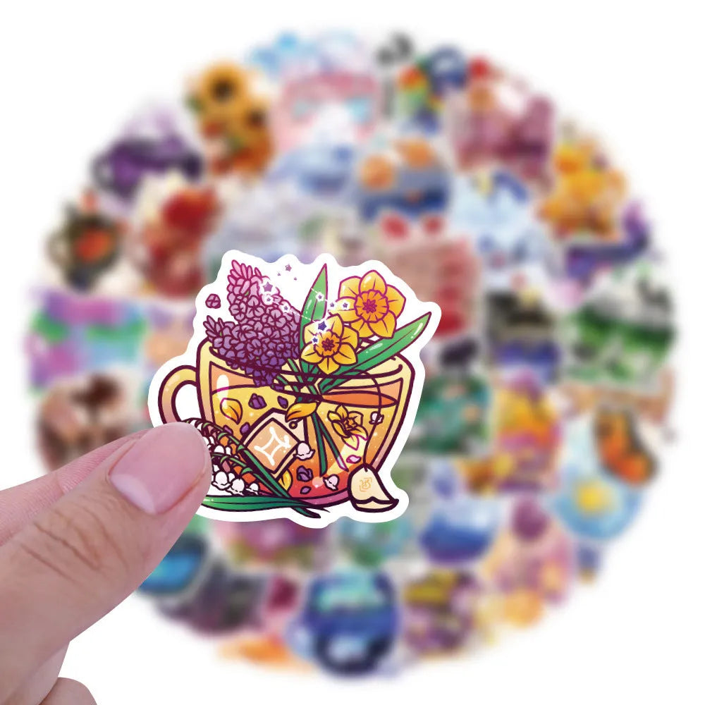 Colourful tea cup graffiti waterproof stickers in a 50-piece set for DIY personalisation of luggage and scooters