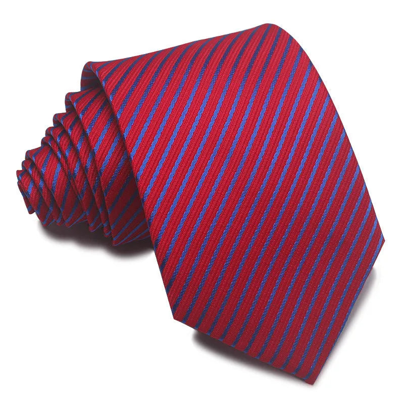 Close-up of a red and black striped men's business tie with a textured Jacquard weave, showing the 8cm width and arrow point shape.