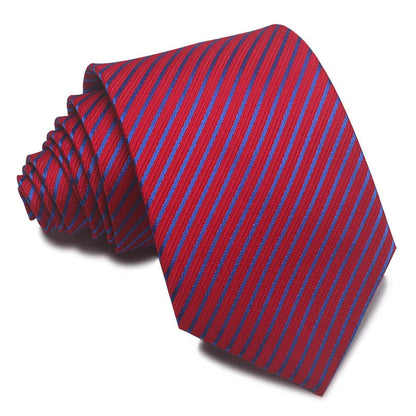 Close-up of a red and black striped men's business tie with a textured Jacquard weave, showing the 8cm width and arrow point shape.