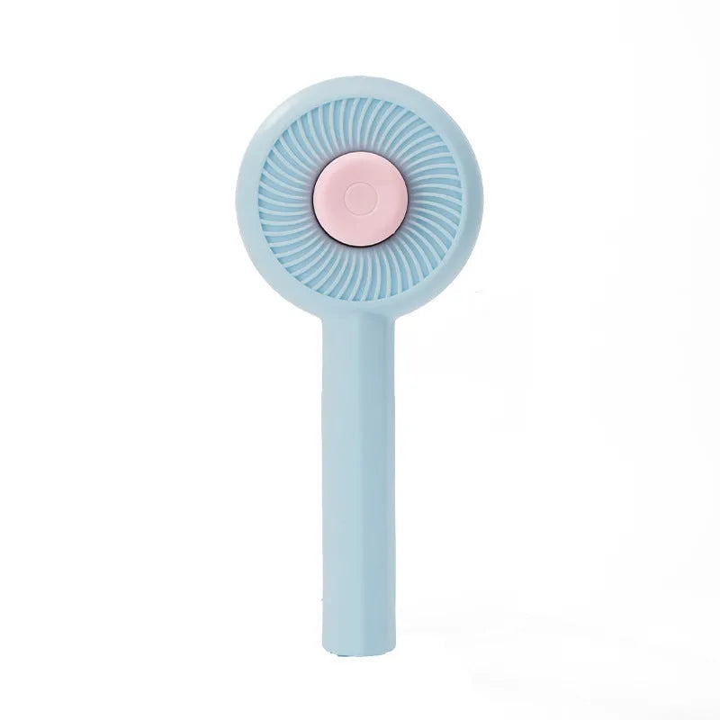 Blue and yellow pet grooming brush with self-cleaning button and angled metal pins for deshedding cats and dogs