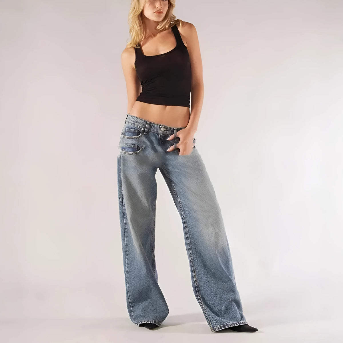 Women's blue cotton wide leg trousers with low waist and contrast stitching detail