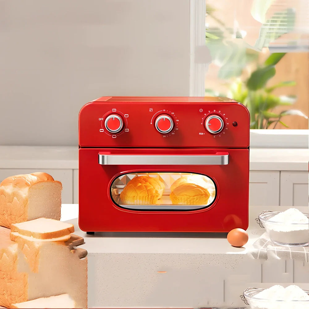 Red compact electric oven air fryer with mechanical knobs, 21-30 litre capacity, 414x383x332mm dimensions