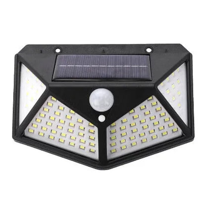 Solar-powered outdoor garden lamp with motion sensor mounted on wooden post