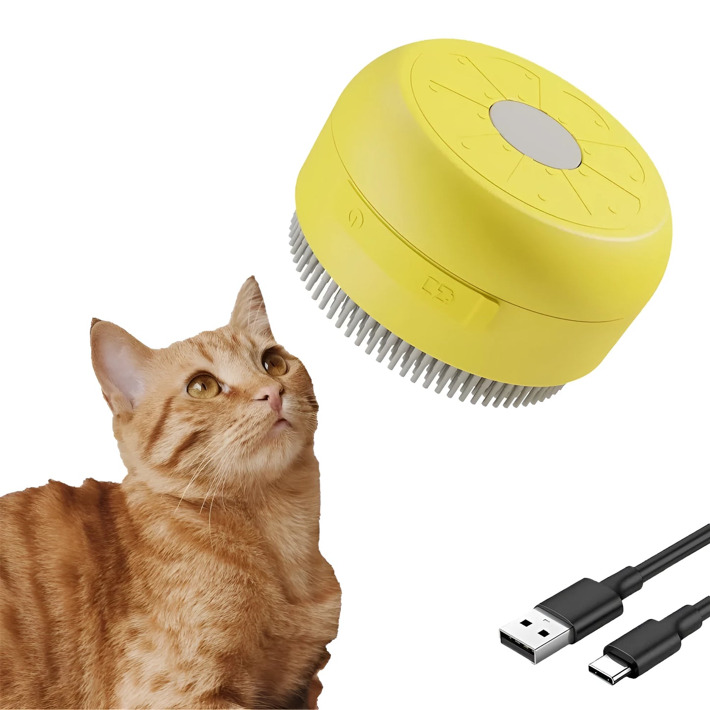 Green and yellow rechargeable cat steam brush with silicon bristles, measuring 85x85x52mm