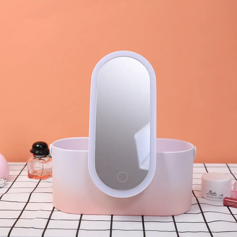 Portable LED Makeup Mirror & Storage Box with USB Charging: A 24.1cm Organiser Featuring a Silver Mirror and Internal Battery for Travel