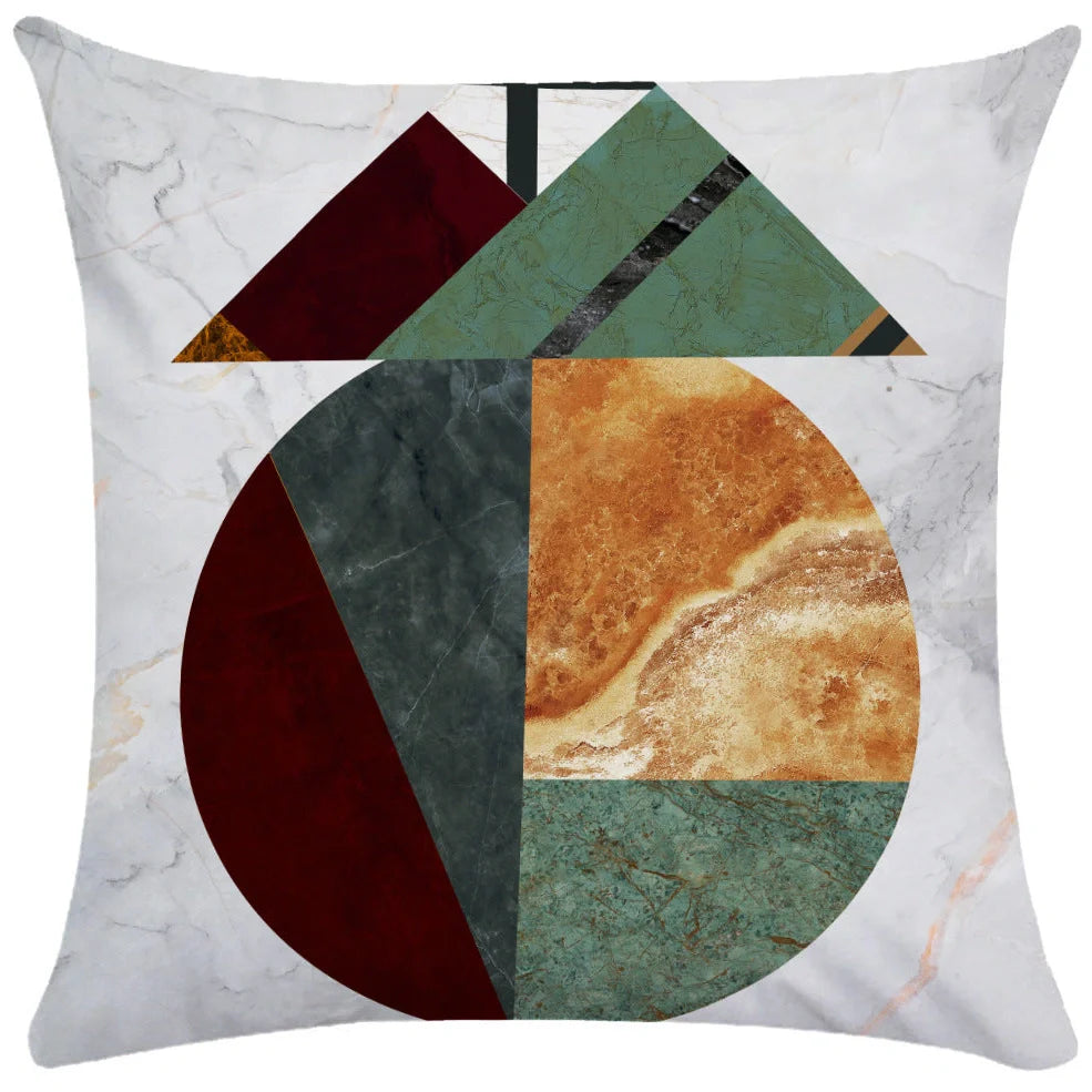 Geometric pattern throw pillow on office sofa showing 45x45cm size with ultra-flexible printing
