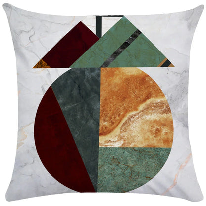 Geometric pattern throw pillow on office sofa showing 45x45cm size with ultra-flexible printing