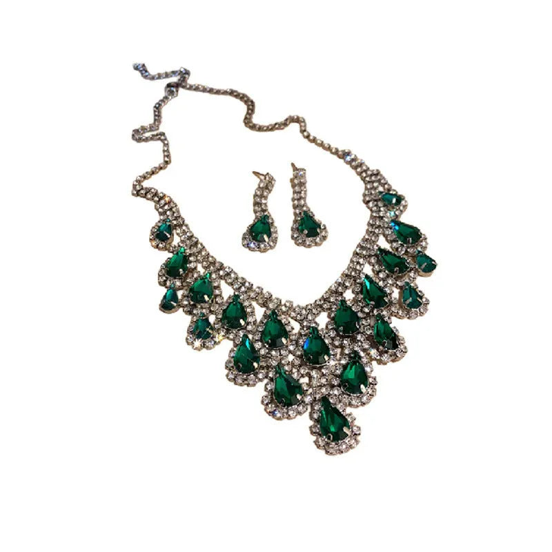 Rhinestone drop tassel necklace set with emerald alloy pendant and 51-80cm clavicle chain