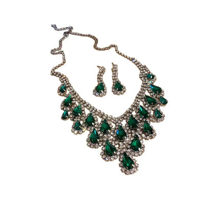 Rhinestone drop tassel necklace set with emerald alloy pendant and 51-80cm clavicle chain