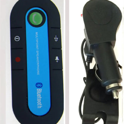 Black Bluetooth hands-free car kit mounted on a car sun visor with charger and cable.