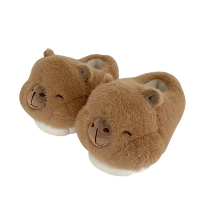 Light brown women's fleece slippers with round toe design and PVC sole
