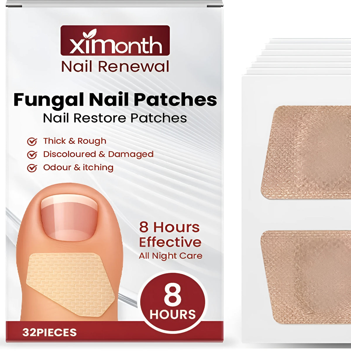 Box of 32 Nail Restore Patches for treatment of dry cracked nails with garlic and tea tree oil