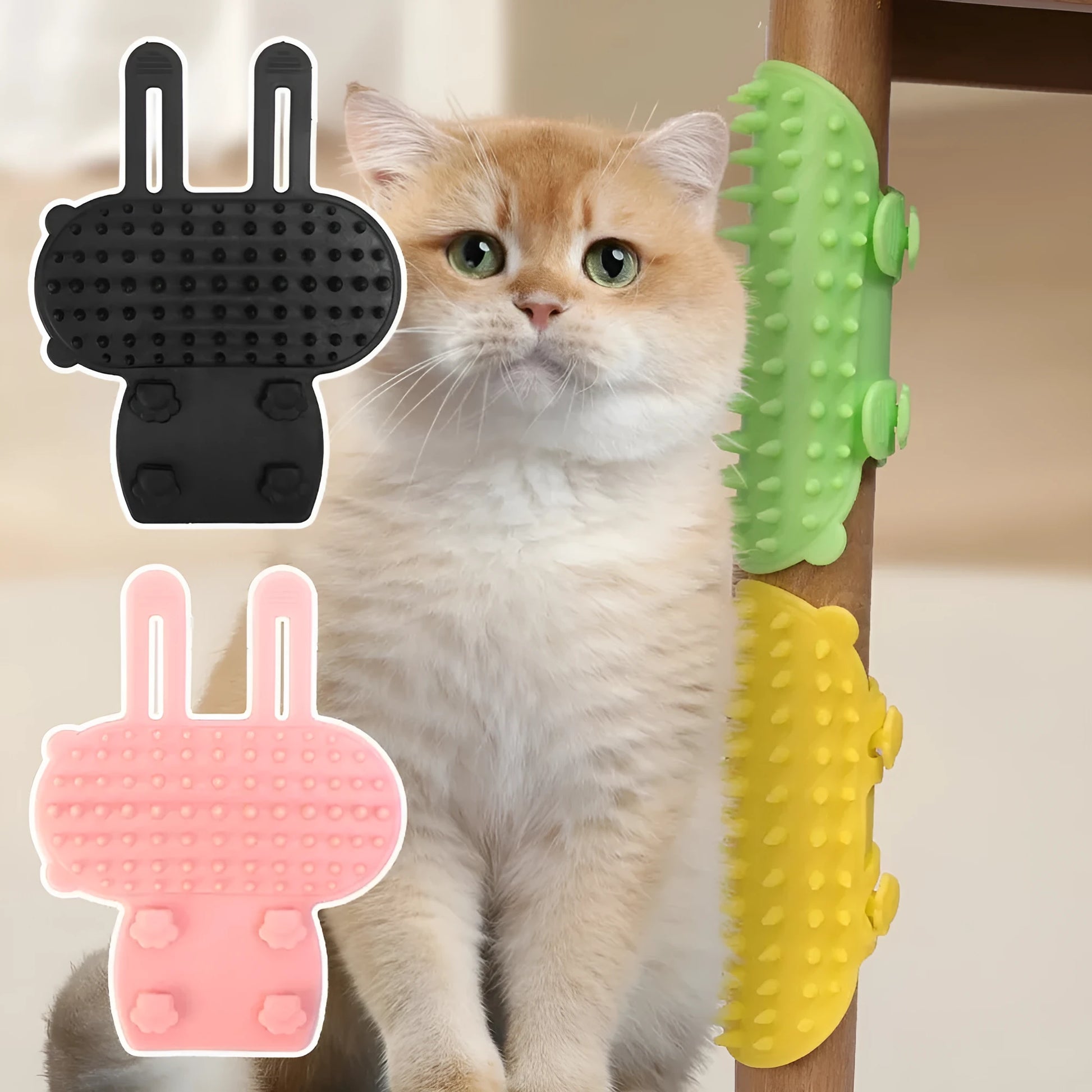 Silicone cat grooming comb with adjustable strap mounted on a table leg, shown in green.