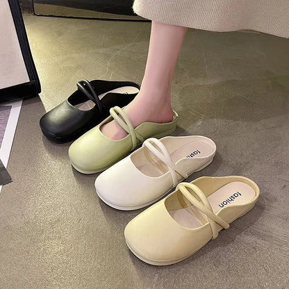 Women's baotou plastic flip-flop sandals in beige colour on a white background