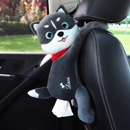 Plush animal design tissue box holder mounted on back of car seat