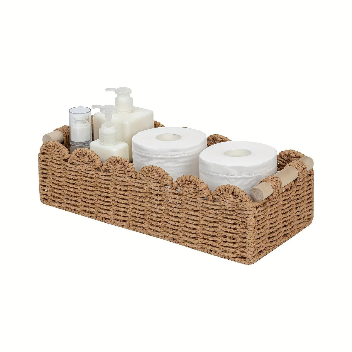 Woven paper storage basket in khaki colour, dimensions 35.5x16x10cm, on a desktop with remote controls and stationery
