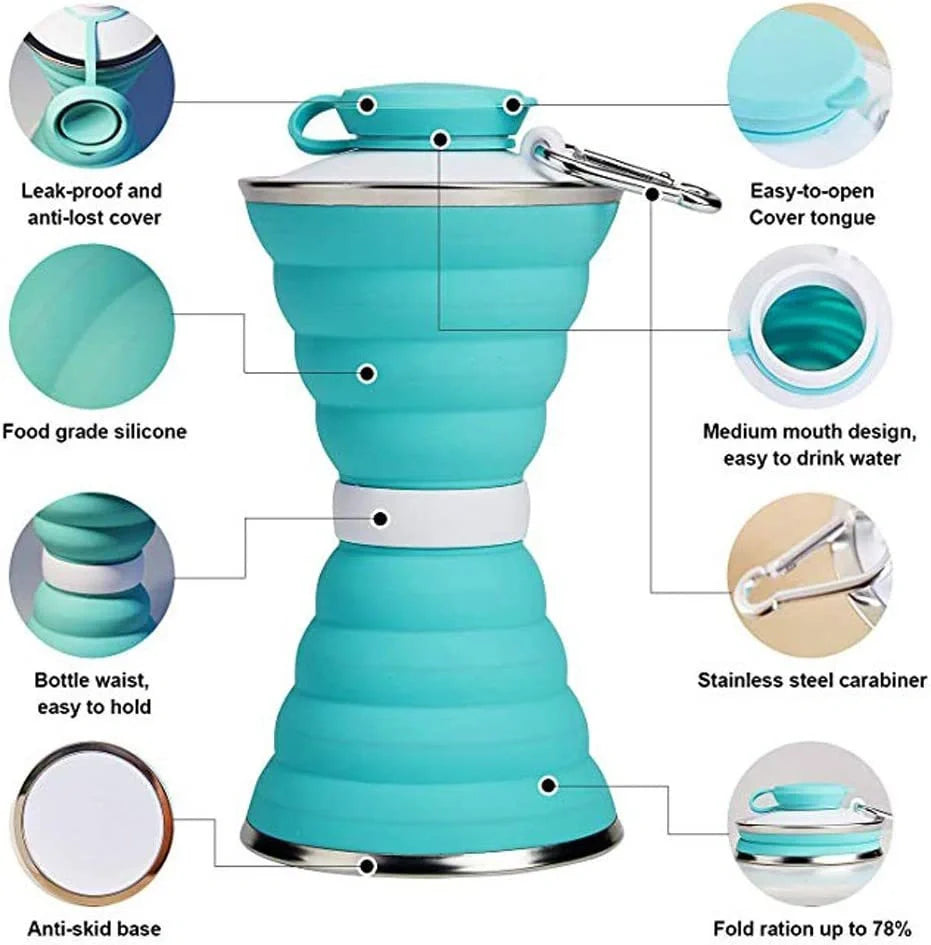 500ml foldable silicone water bottle in various colors, showcasing its compact and leak-proof design