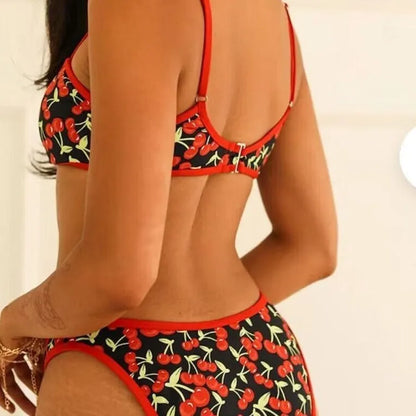 Women's cherry print polyester bikini swimsuit with tube top and briefs