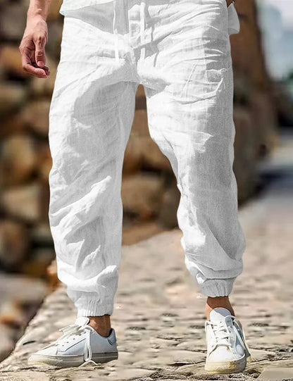 Men's straight-leg cotton trousers with elastic waist in seven colours, sizes S to XXXL for summer wear
