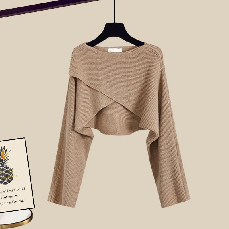 Women's 3-piece knitted sweater suit with shirt and wide-leg pants in grey and white