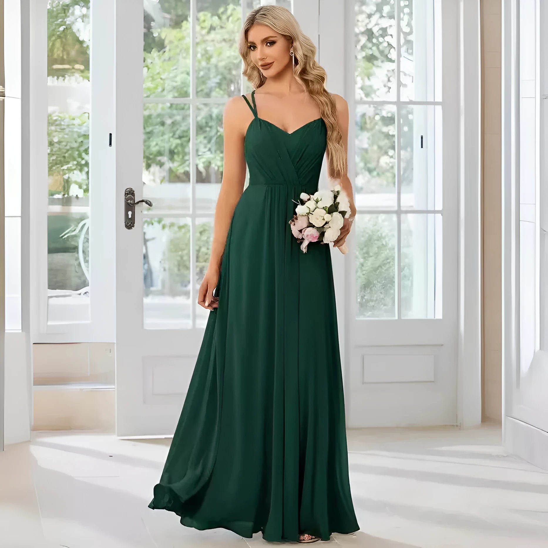 Woman wearing a light green sleeveless dress with a long pleated A-line skirt.