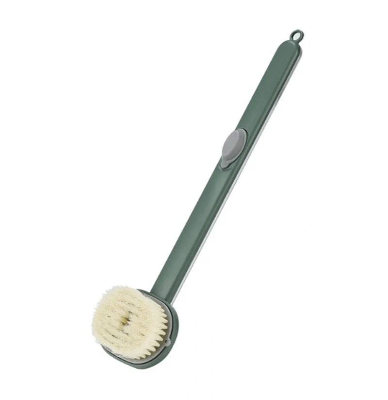 Dual-purpose shower brush with ergonomic handle and detachable head in yellow, grey, green, and pink