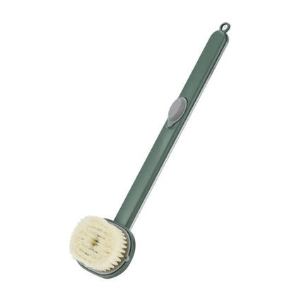 Dual-purpose shower brush with ergonomic handle and detachable head in yellow, grey, green, and pink