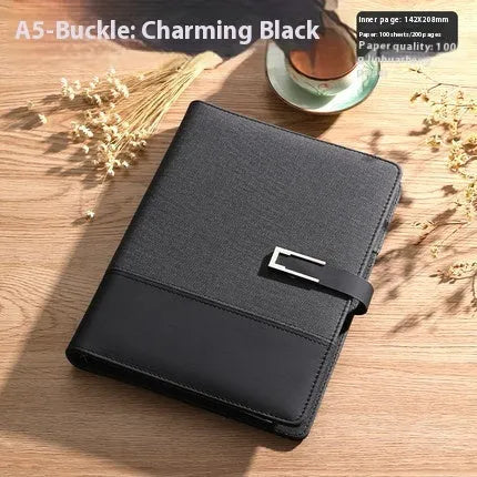 A5 soft PU leather notebook in Business Brown colour, showing thick wood-free paper inside.