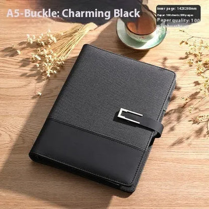 A5 soft PU leather notebook in Business Brown colour, showing thick wood-free paper inside.
